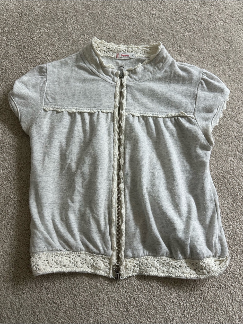 Vintage Grey Lace-Trim Zip Up Top